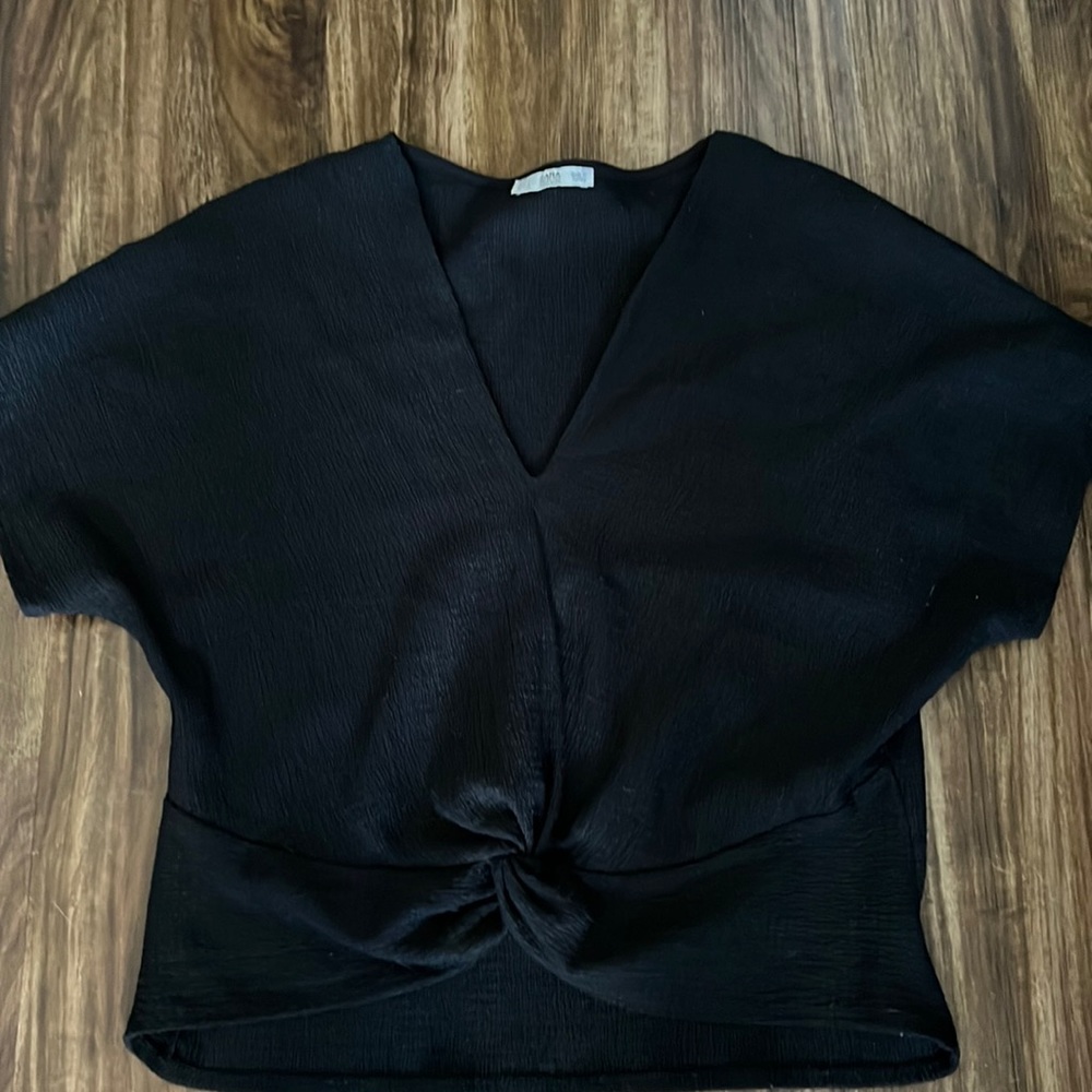 Zara Black Crop Top Knot Front Shirt size S